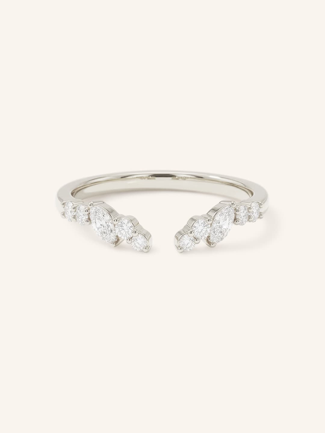 White Gold Round and Marquise Open Diamond Stack Ring front view on white background