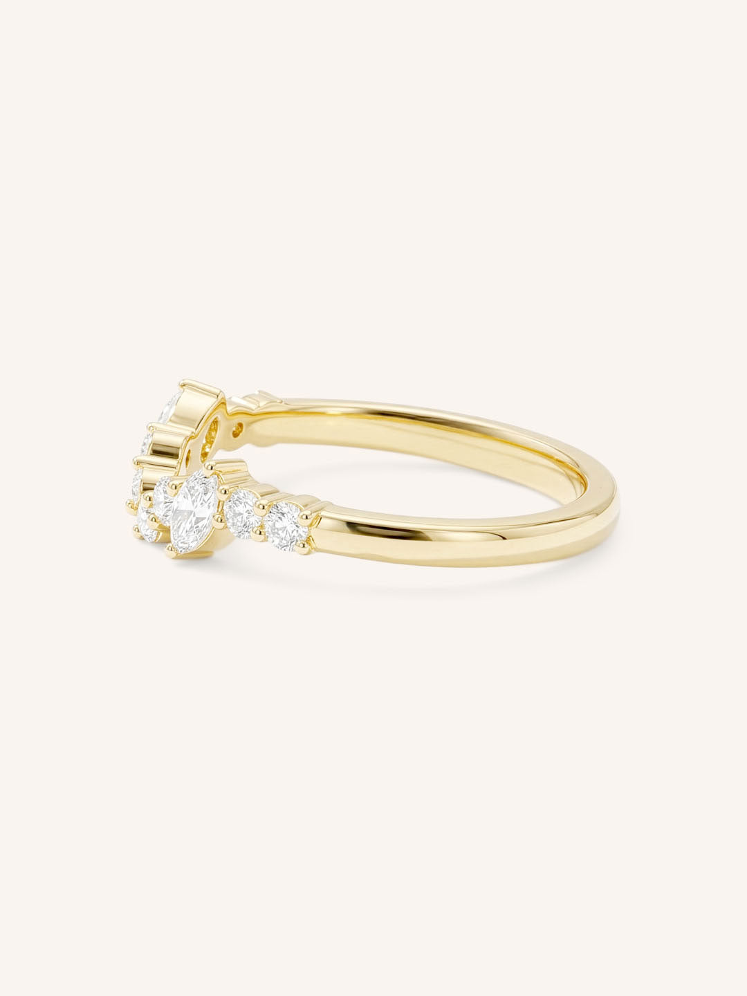 Yellow Gold Round and Marquise Open Diamond Stack Ring side view on white background