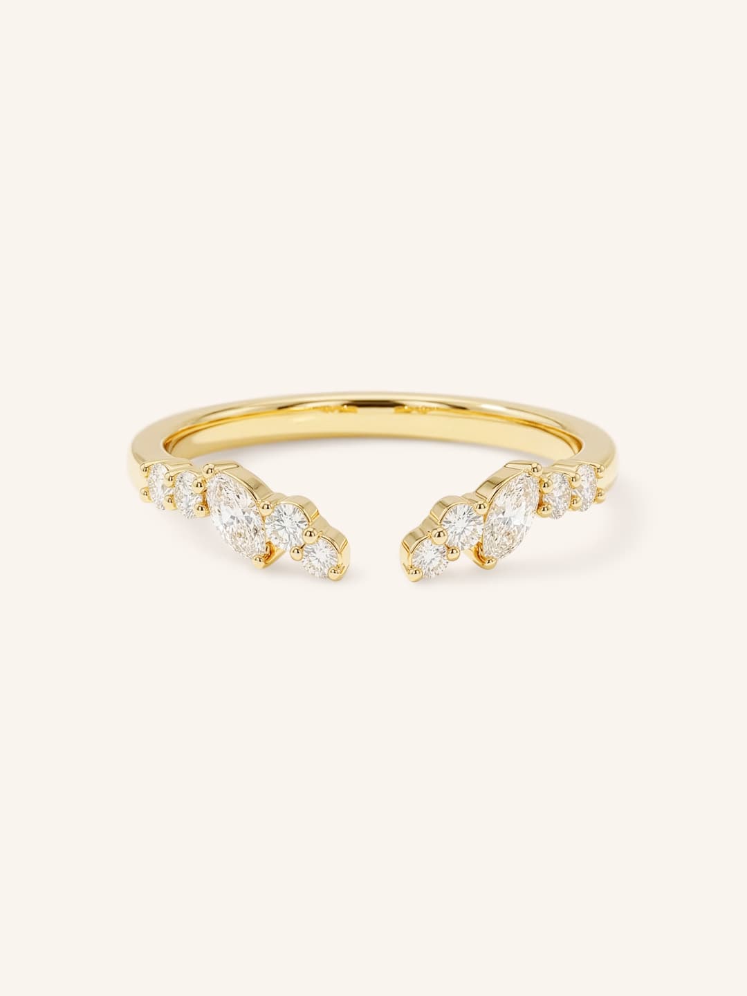 Yellow Gold Round and Marquise Open Diamond Stack Ring front view on white background