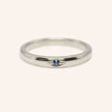 White gold Beacon blue sapphire stackable ring front view on white background