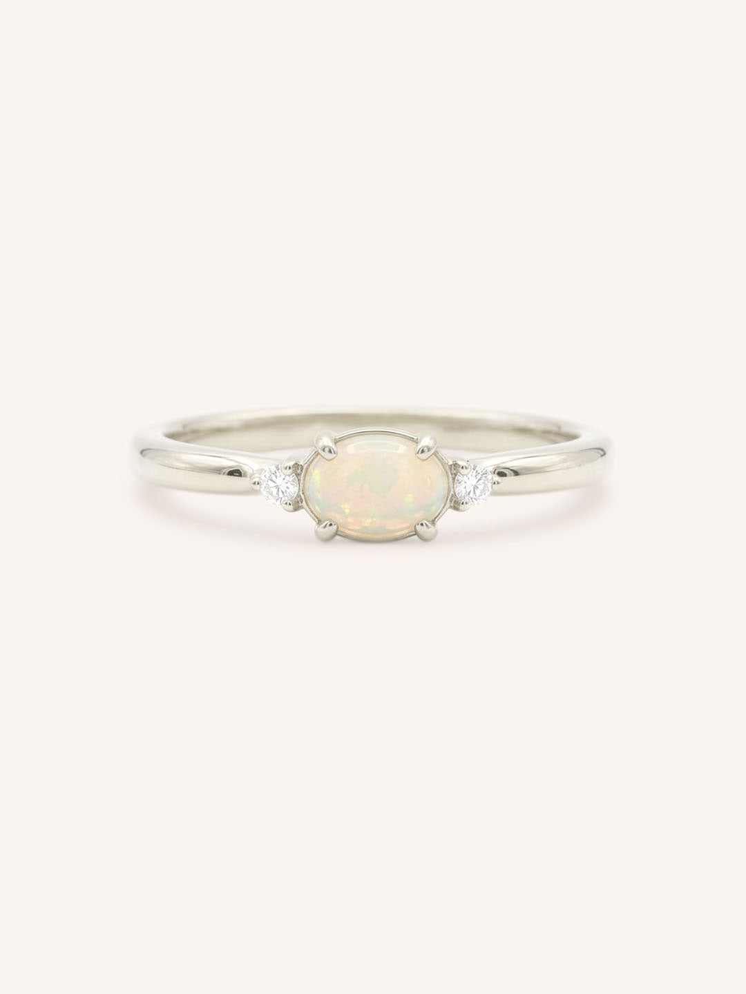 White Gold Elowen Oval Cabochon Opal Diamond Ring front view on white background