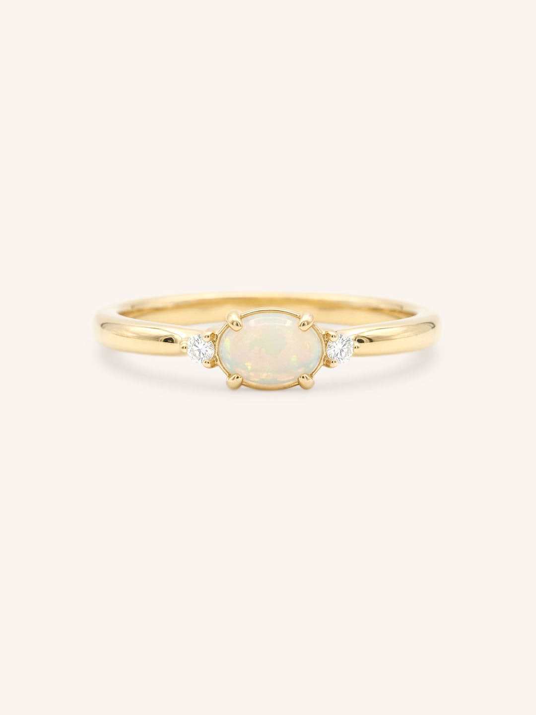 Yellow Gold Elowen Oval Cabochon Opal Diamond Ring front view on white background