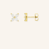 A pair of floral-inspired marquise diamond stud earrings in gold mounting, displayed against a white background.
