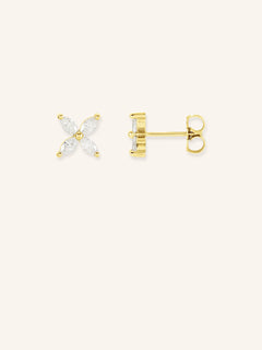 A pair of floral-inspired marquise diamond stud earrings in gold mounting, displayed against a white background.
