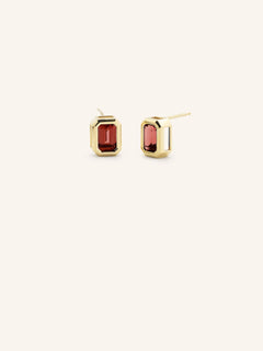 Yellow Gold Milly Emerald-Cut Garnet Solitaire Earrings on white background