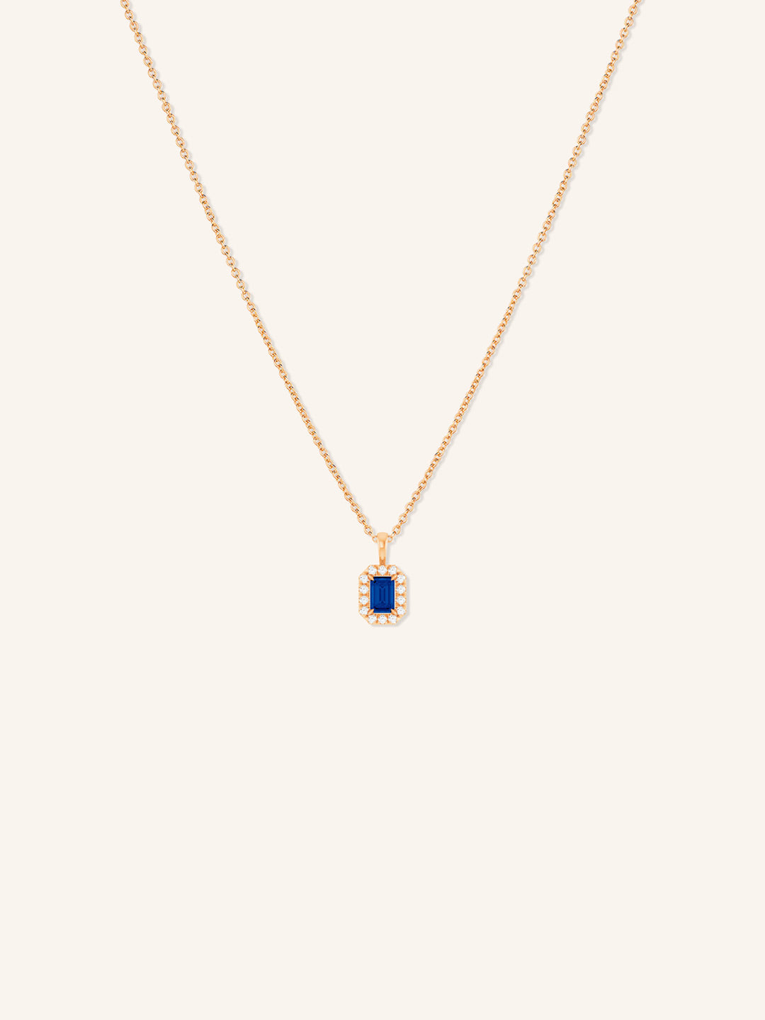 Emerald Cut Blue Sapphire Diamond Halo Pendant Necklace