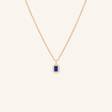 Emerald Cut Blue Sapphire Diamond Halo Pendant Necklace