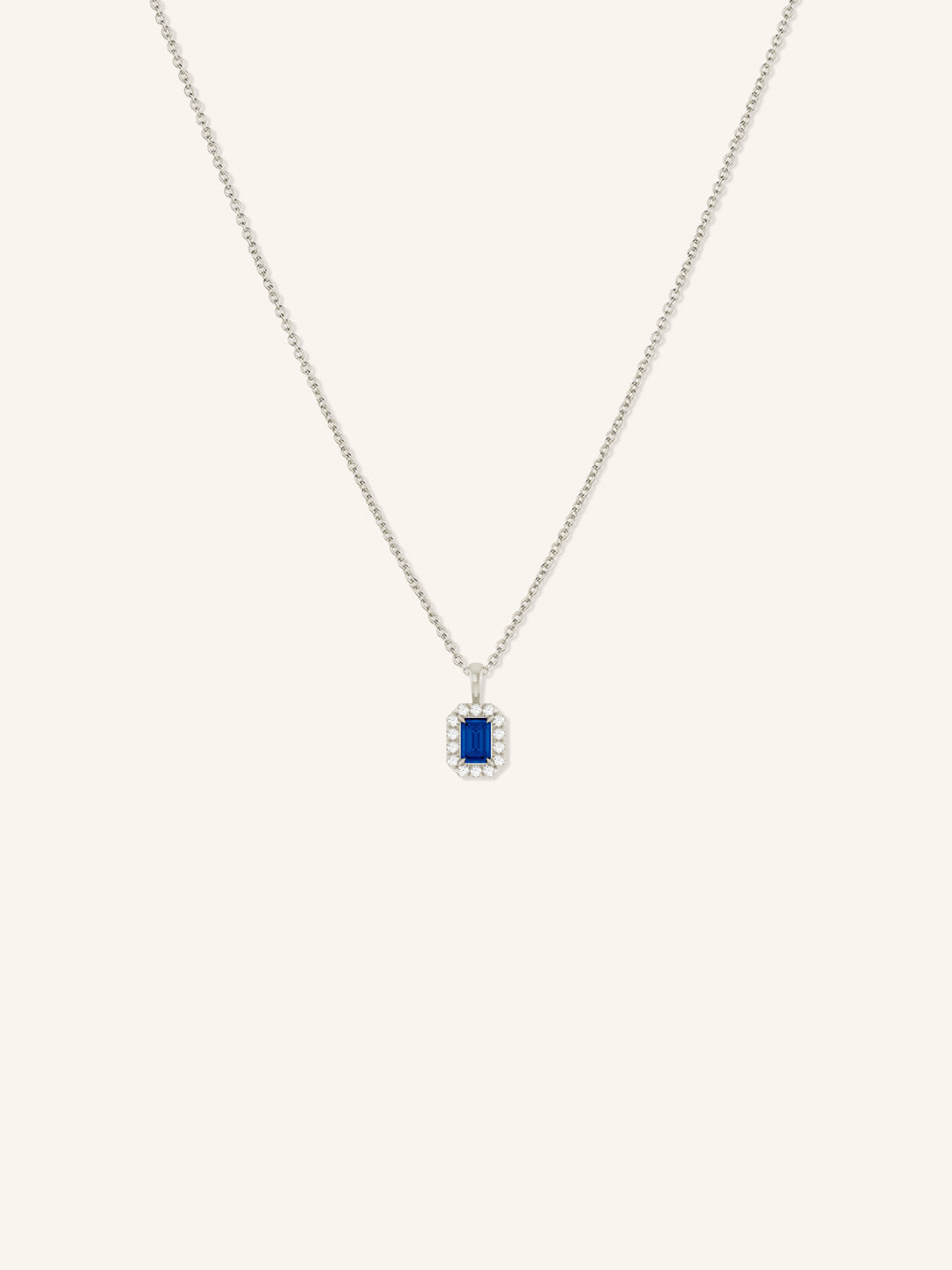 Emerald Cut Blue Sapphire Diamond Halo Pendant Necklace