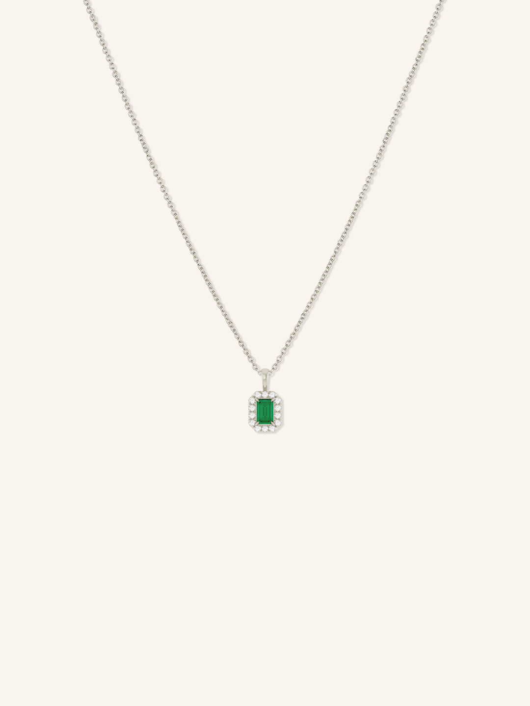 Emerald Cut Emerald Diamond Halo Pendant Necklace