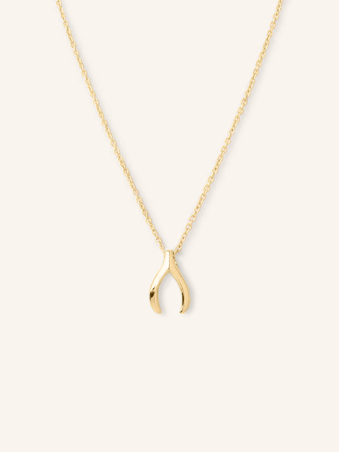 A gold-colored necklace in the shape of a wishbone.