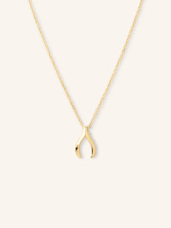 A gold-colored necklace in the shape of a wishbone.