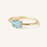 Yellow gold solitaire ring with emerald-cut aquamarine gemstone, side view on white background