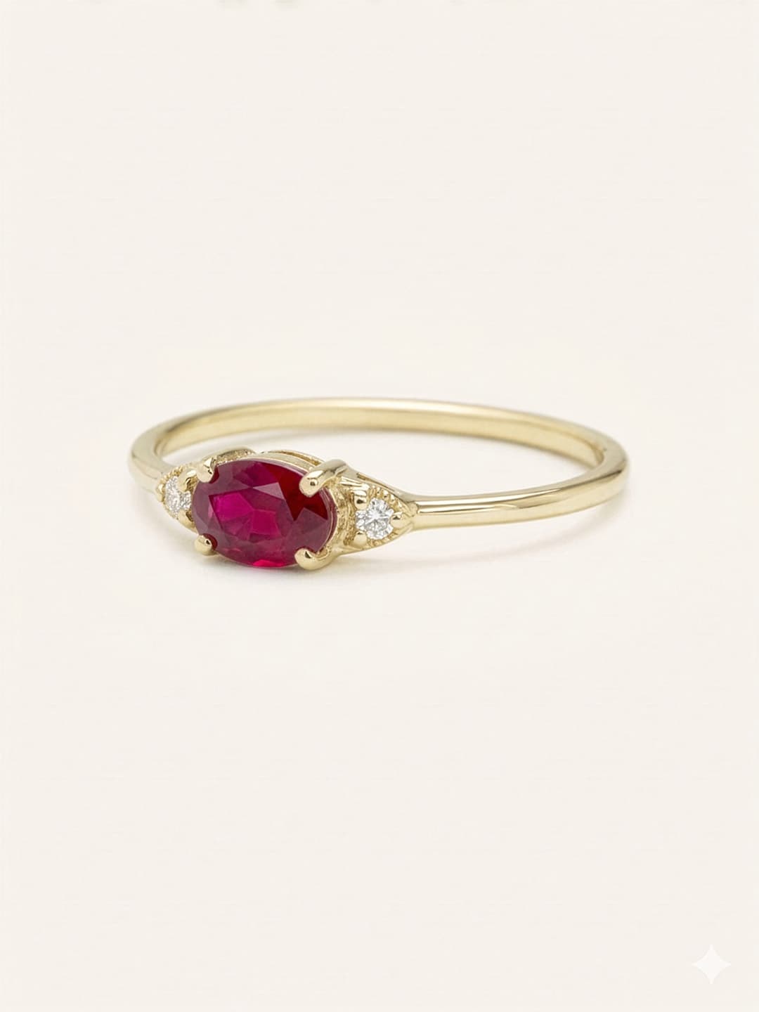 Yellow gold Celestia ruby diamond ring side view on white background
