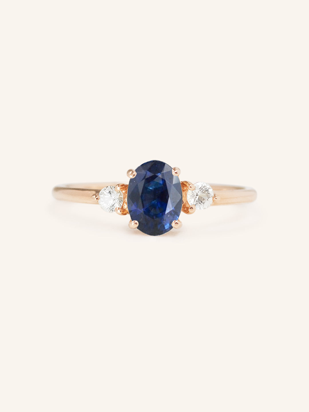 Lux Blue Oval Blue Sapphire Round Moissanites Three Stone Engagement Ring
