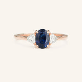 Lux Blue Oval Blue Sapphire Trillion Moissanite Three Stone Engagement Ring