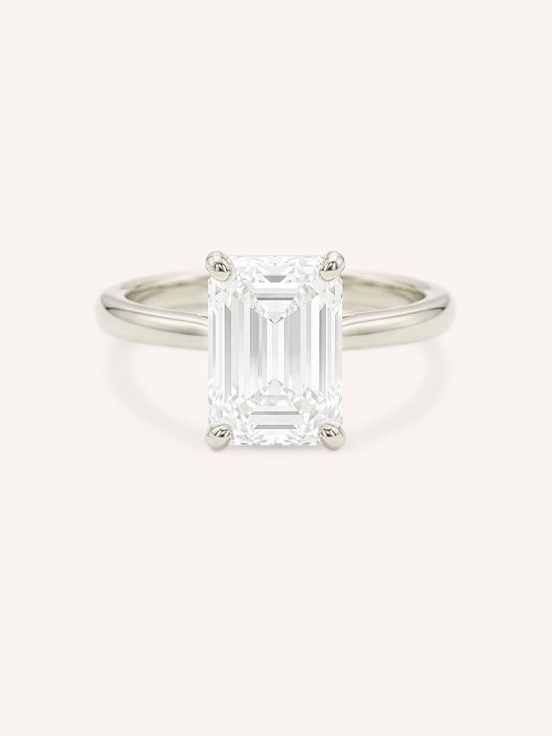 White Gold Morning Rose Emerald Cut Engagement Ring front view on white background