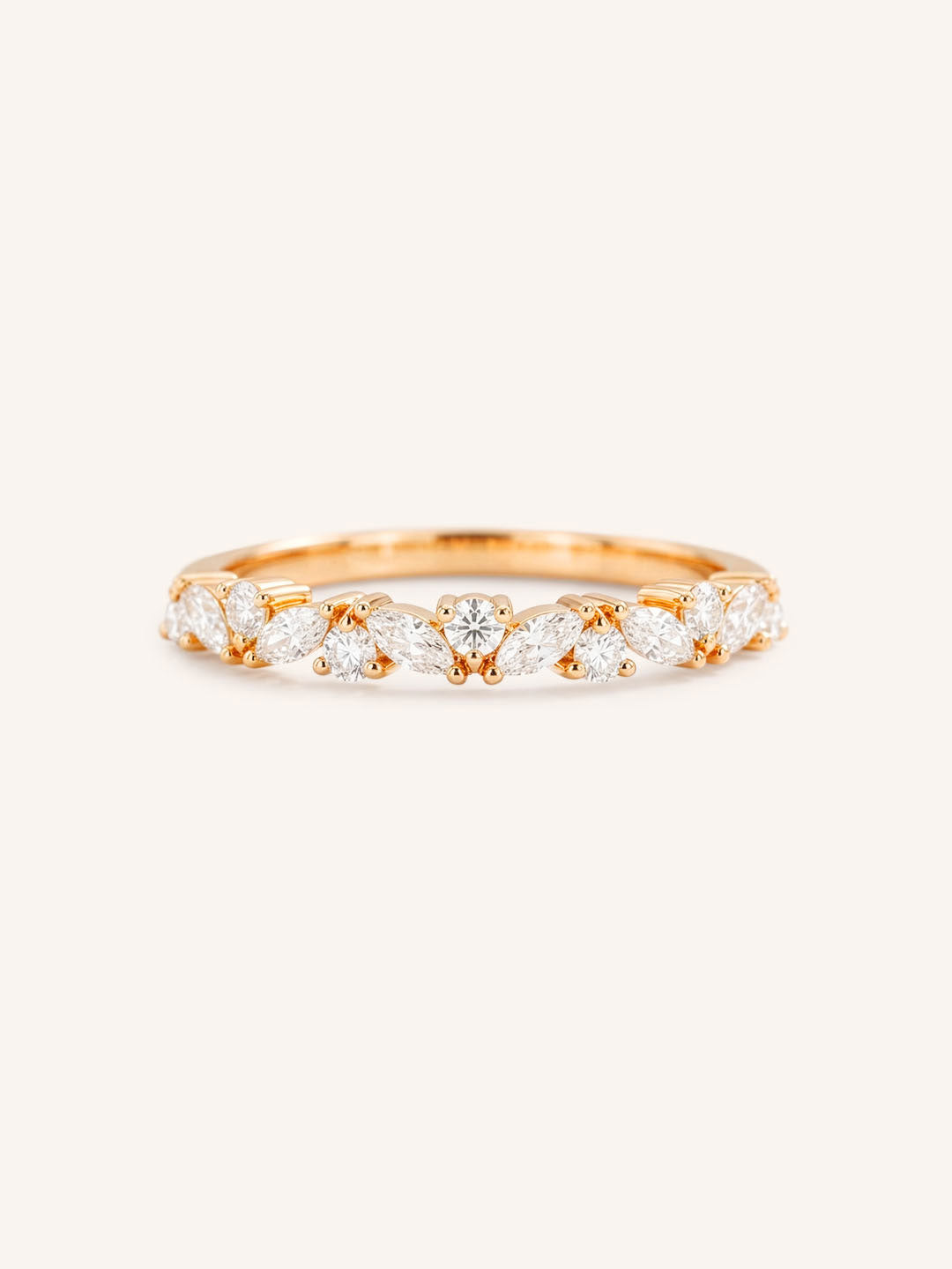 Rose gold Annalise marquise diamond cluster wedding band front view on white background