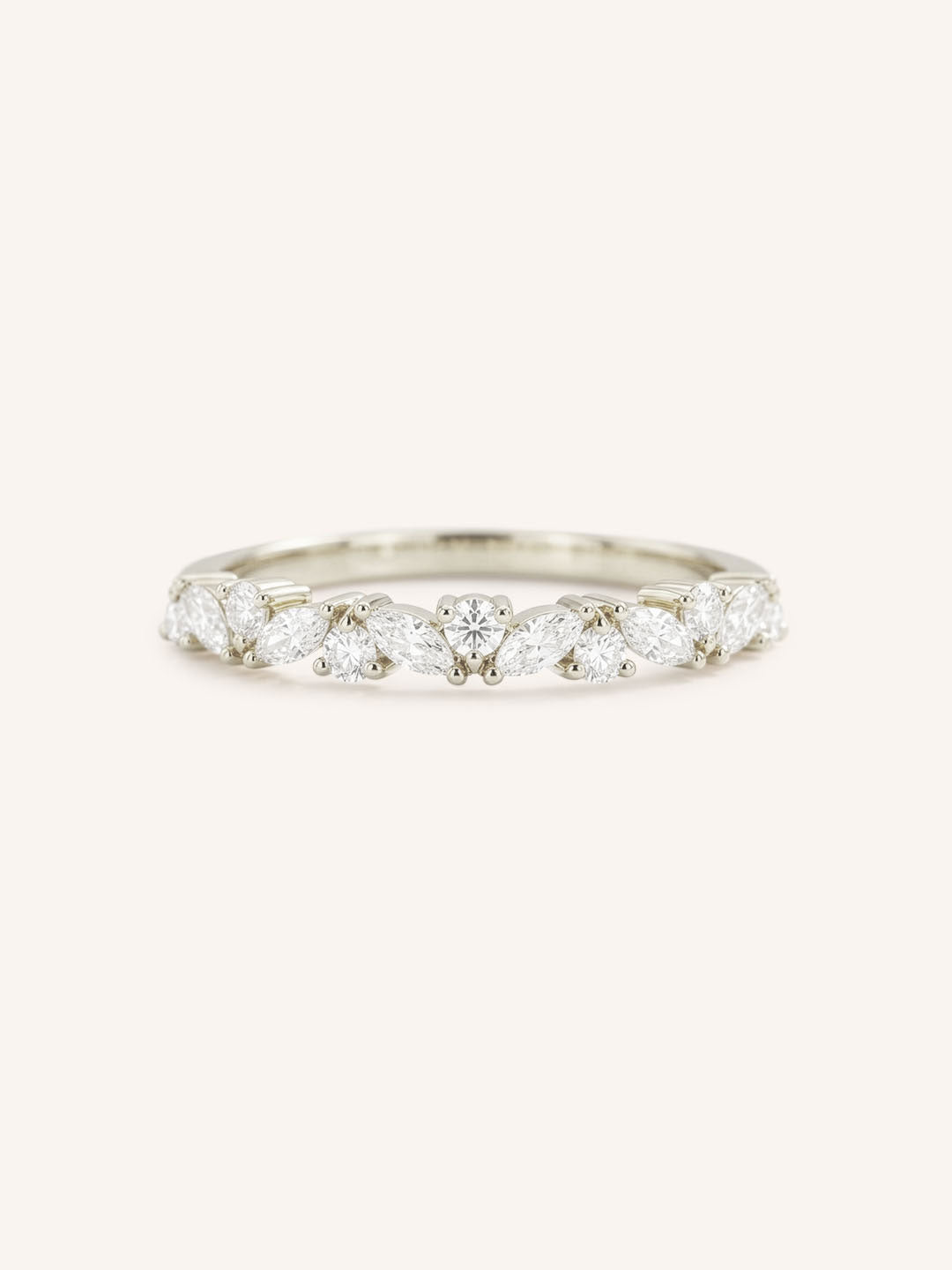 White gold Annalise marquise diamond cluster wedding band front view on white background