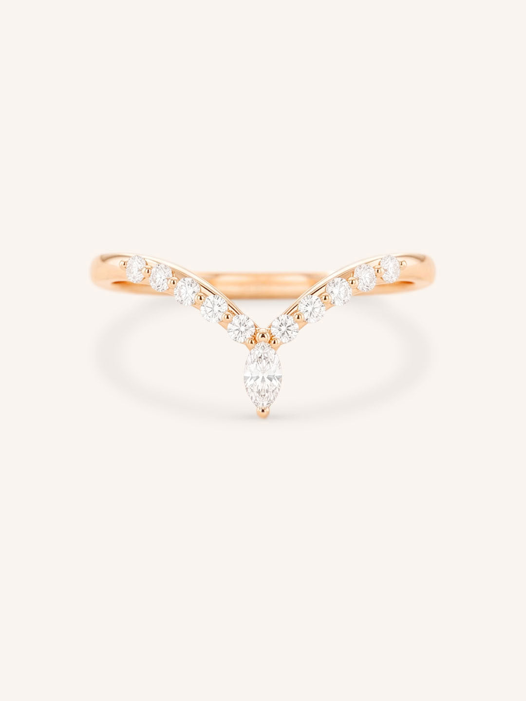 Rose Gold Bias Marquise and Round Chevron Diamond Wedding Band front view on white background