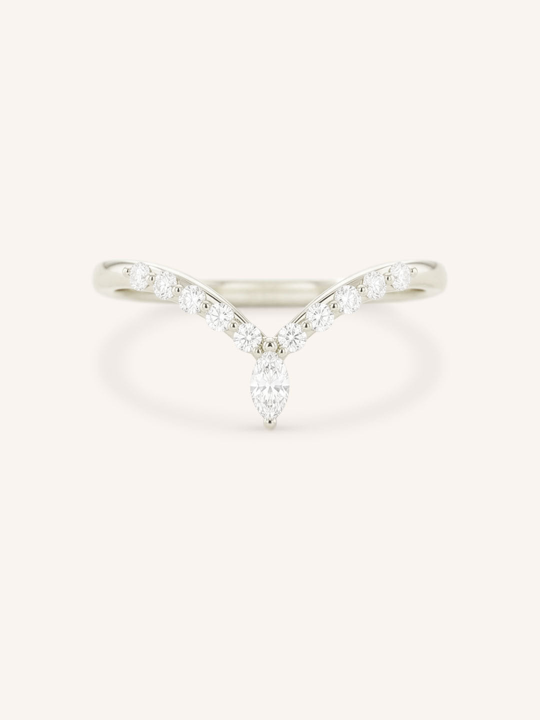 White Gold Bias Marquise and Round Chevron Diamond Wedding Band front view on white background