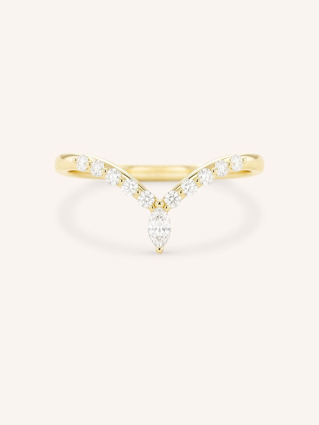 Yellow Gold Bias Marquise and Round Chevron Diamond Wedding Band front view on white background