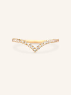 A V-shaped diamond ring with a solid gold band, set with sparkling diamonds.