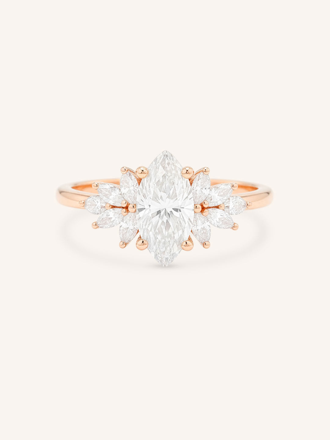 Rose gold Emme marquise diamond cluster engagement ring front view on white background