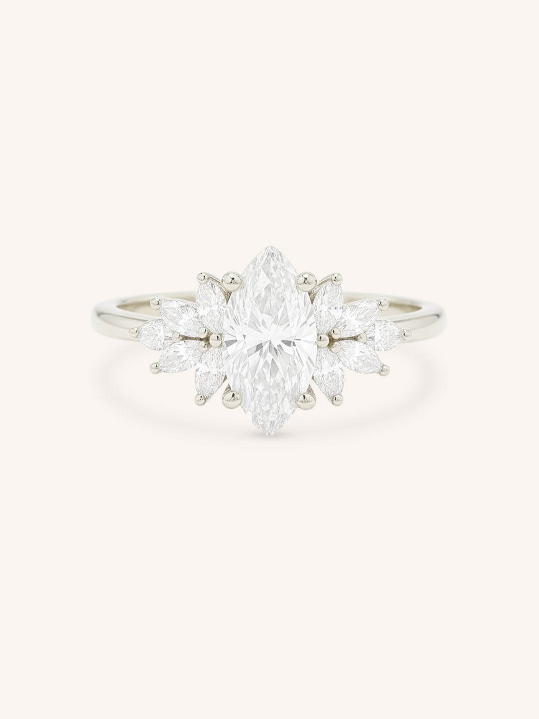 White gold Emme marquise diamond cluster engagement ring front view on white background