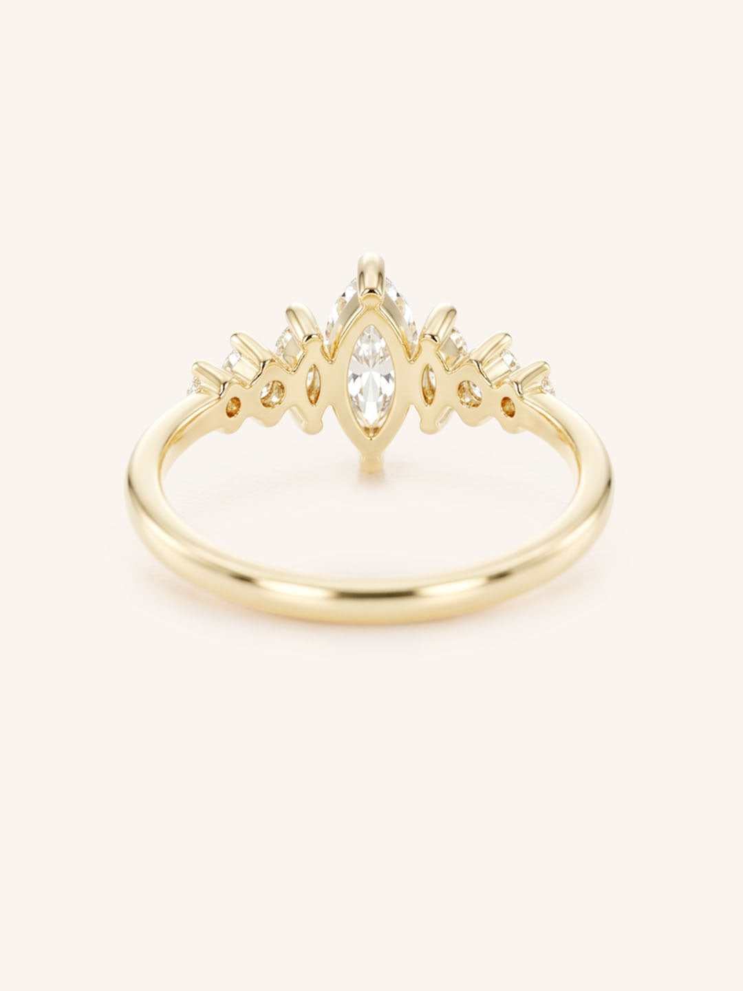 Yellow Gold marquise diamond crown-style ring, back view, on white background