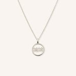 White gold MaMa grandma necklace with Chinese characters in circular pendant on white background