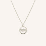 White gold MaMa grandma necklace with Chinese characters in circular pendant on white background