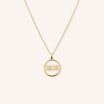 Yellow gold MaMa grandma necklace with Chinese characters in circular pendant on white background