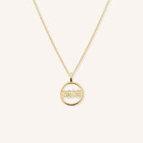 Yellow gold MaMa grandma necklace with Chinese characters in circular pendant on white background