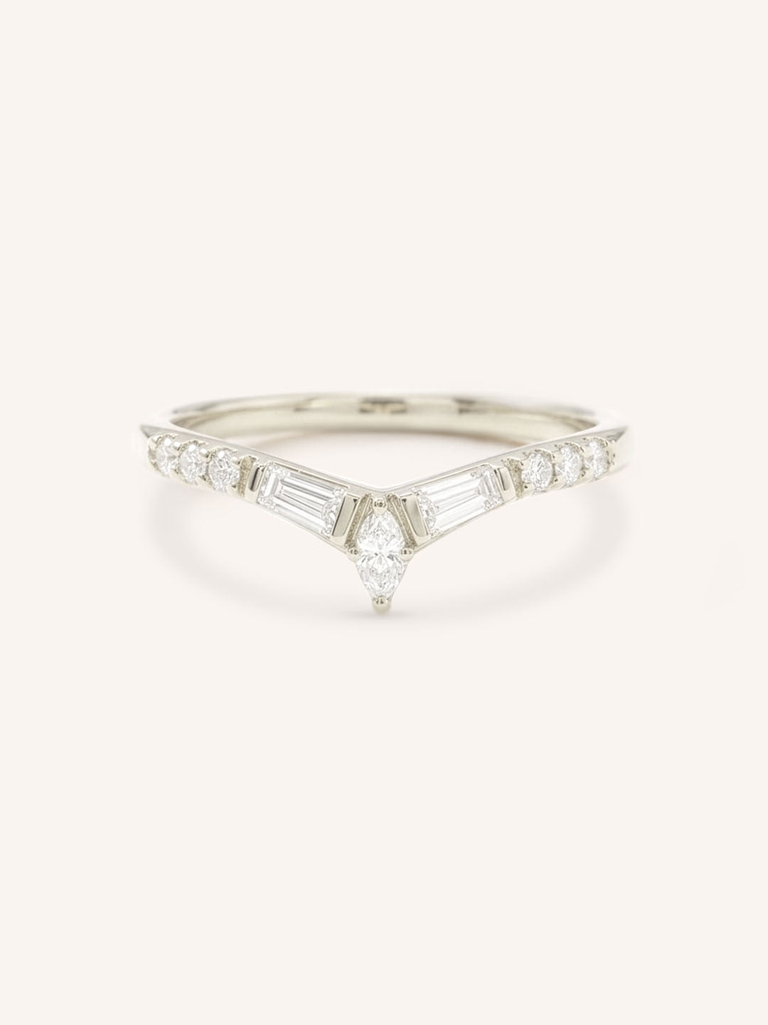 White gold Kurtia curved diamond wedding band front view on white background