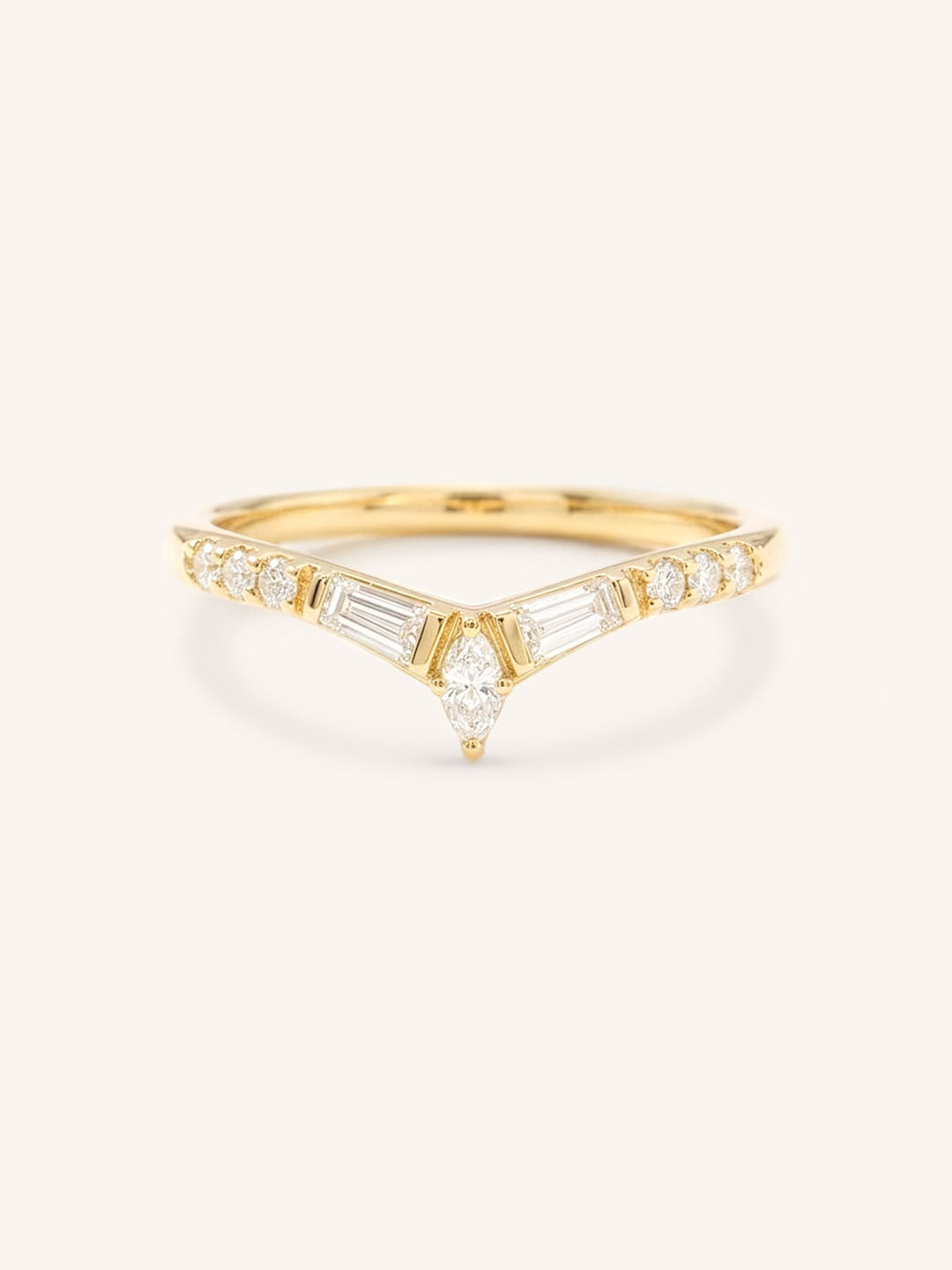 Yellow gold Kurtia curved diamond wedding band front view on white background
