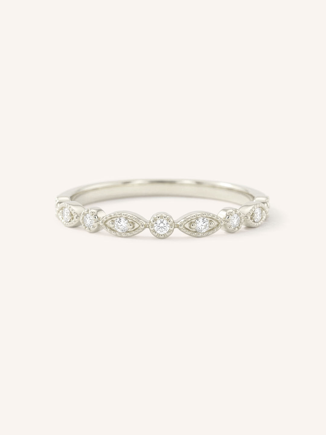 White gold Macy pave milgrain half eternity band front view on white background