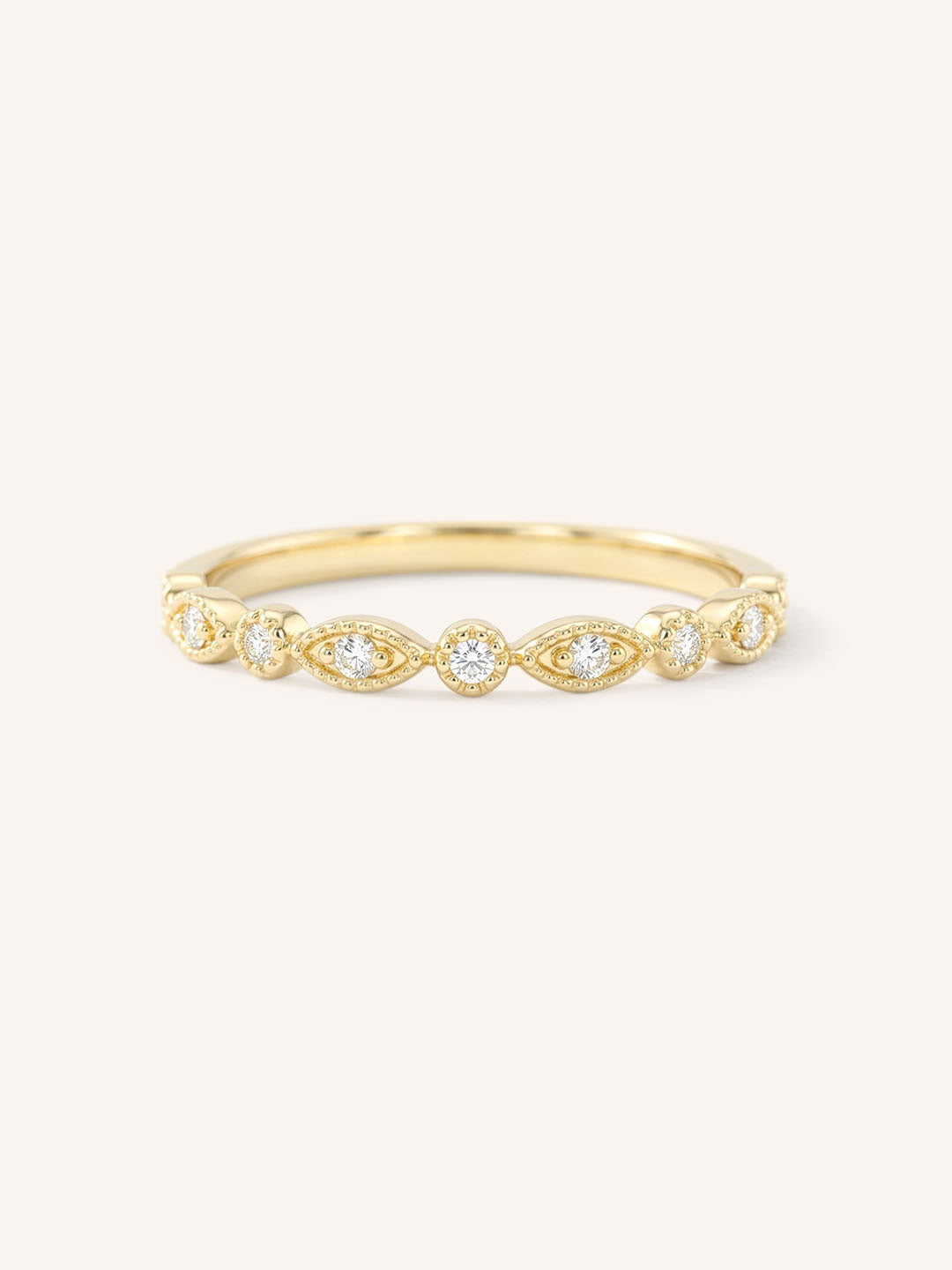 Yellow gold Macy pave milgrain half eternity band front view on white background