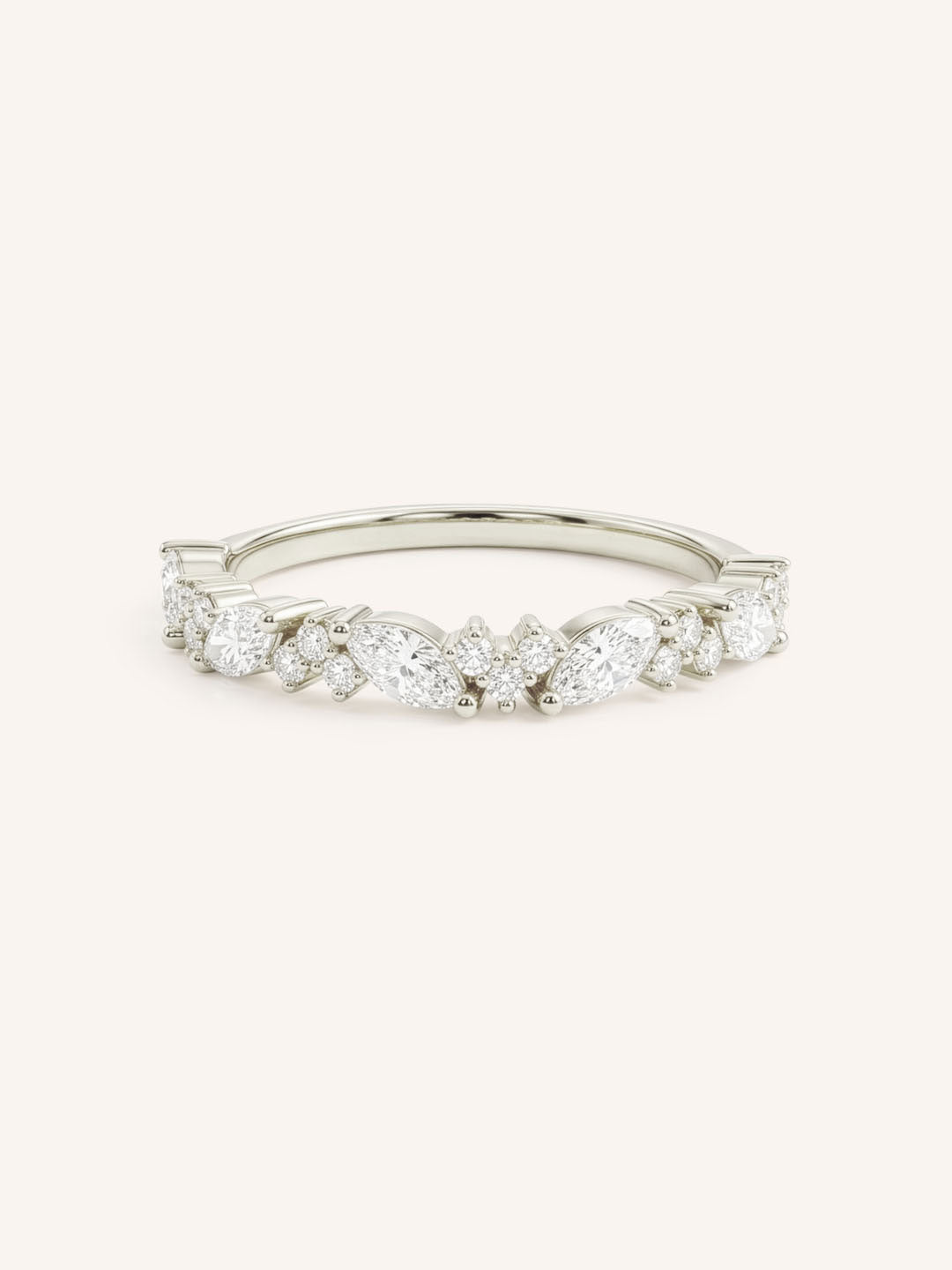 White Gold Linwood Diamond Cluster Stackable Wedding Band, front view, on white background