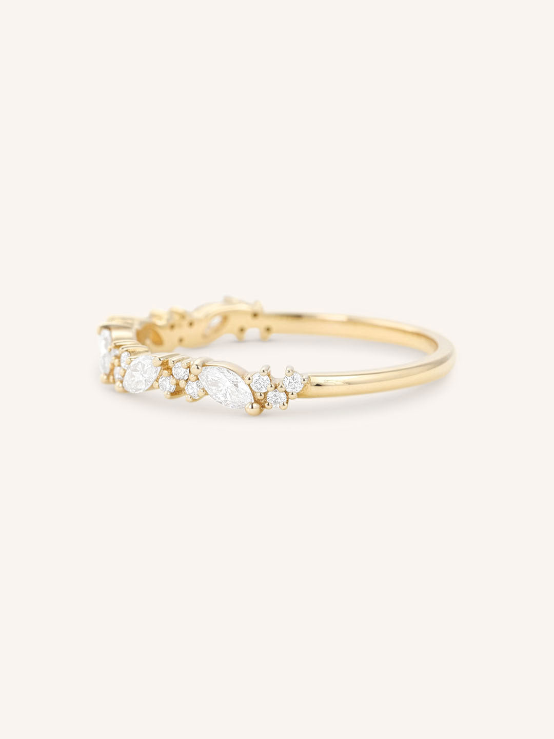 Yellow Gold Linwood Diamond Cluster Stackable Wedding Band, side view, on white background