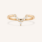 Rose gold curved diamond wedding band with V-shaped pave setting, front view, on white background