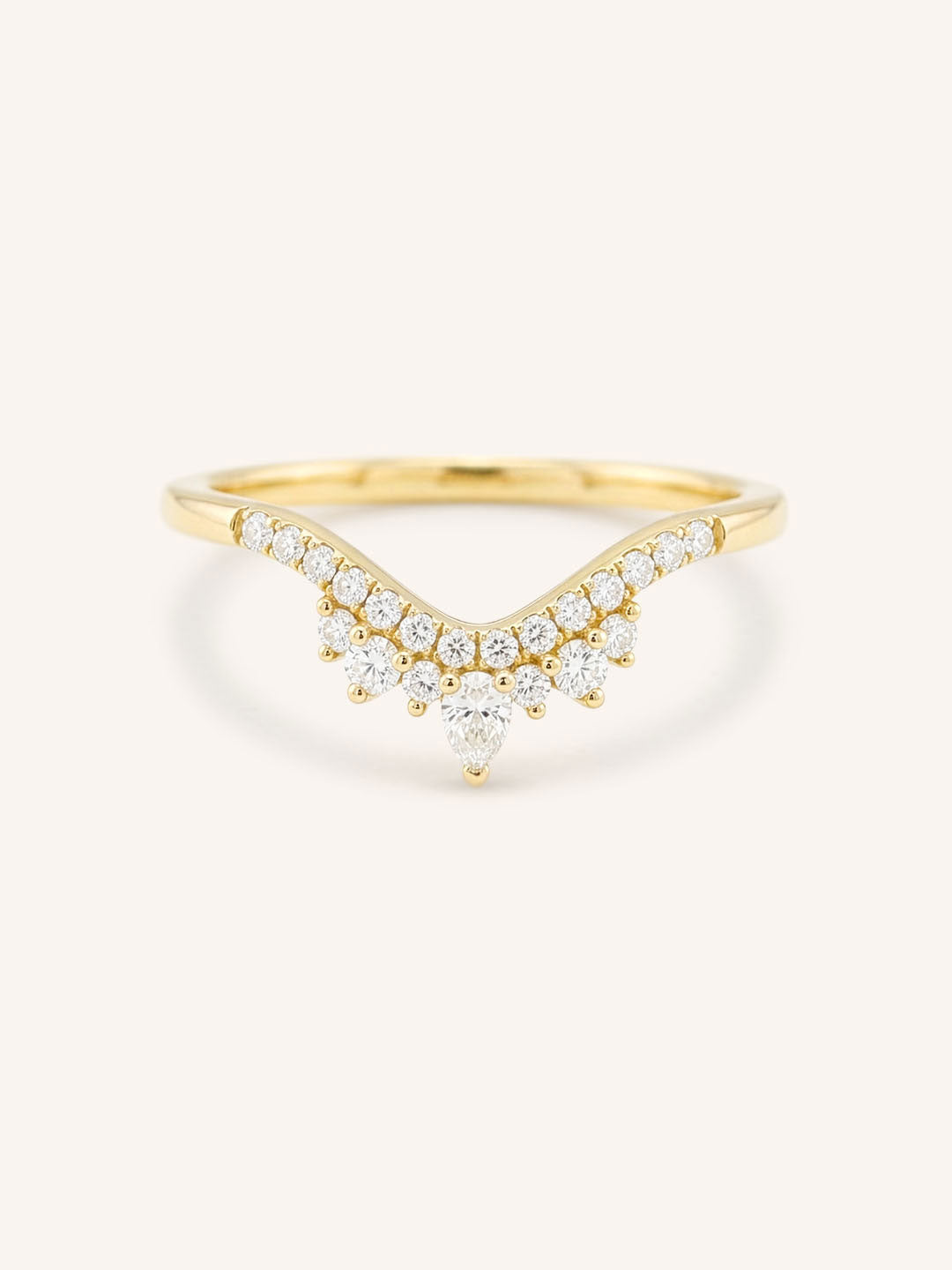 Yellow gold Wenham diamond curved stacking wedding band front view on white background