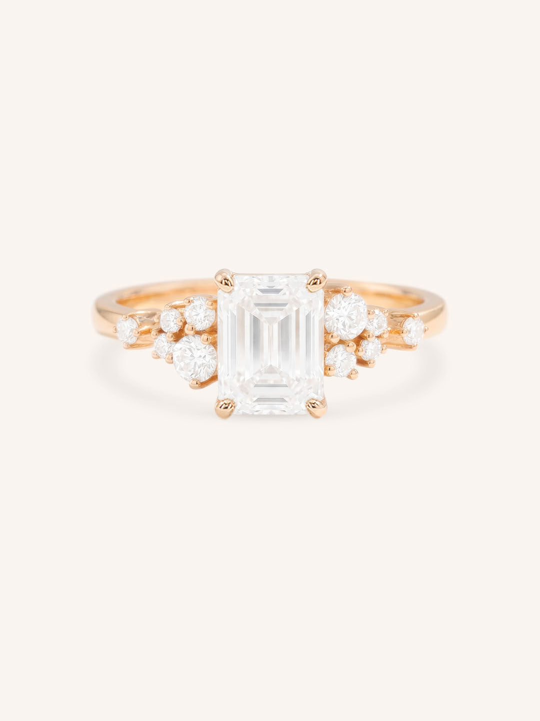 Rose Gold Elestren Emerald Cut Cluster Diamond Engagement Ring front view on white background
