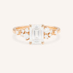 Rose Gold Elestren Emerald Cut Cluster Diamond Engagement Ring front view on white background