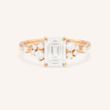 Rose Gold Elestren Emerald Cut Cluster Diamond Engagement Ring front view on white background