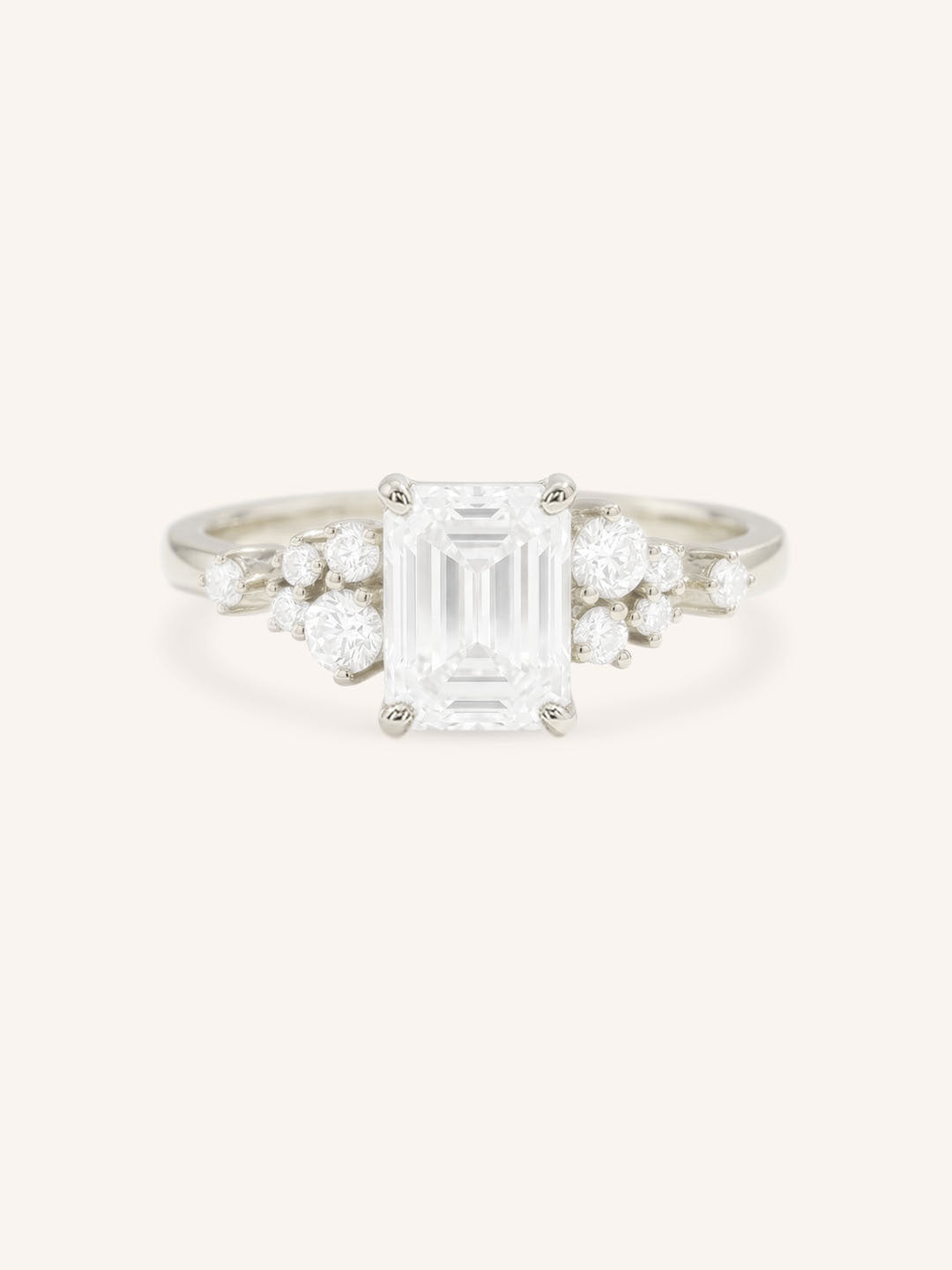 White Gold Elestren Emerald Cut Cluster Diamond Engagement Ring front view on white background