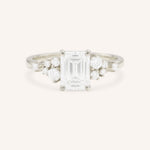 White Gold Elestren Emerald Cut Cluster Diamond Engagement Ring front view on white background