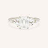 White Gold Elestren Emerald Cut Cluster Diamond Engagement Ring front view on white background