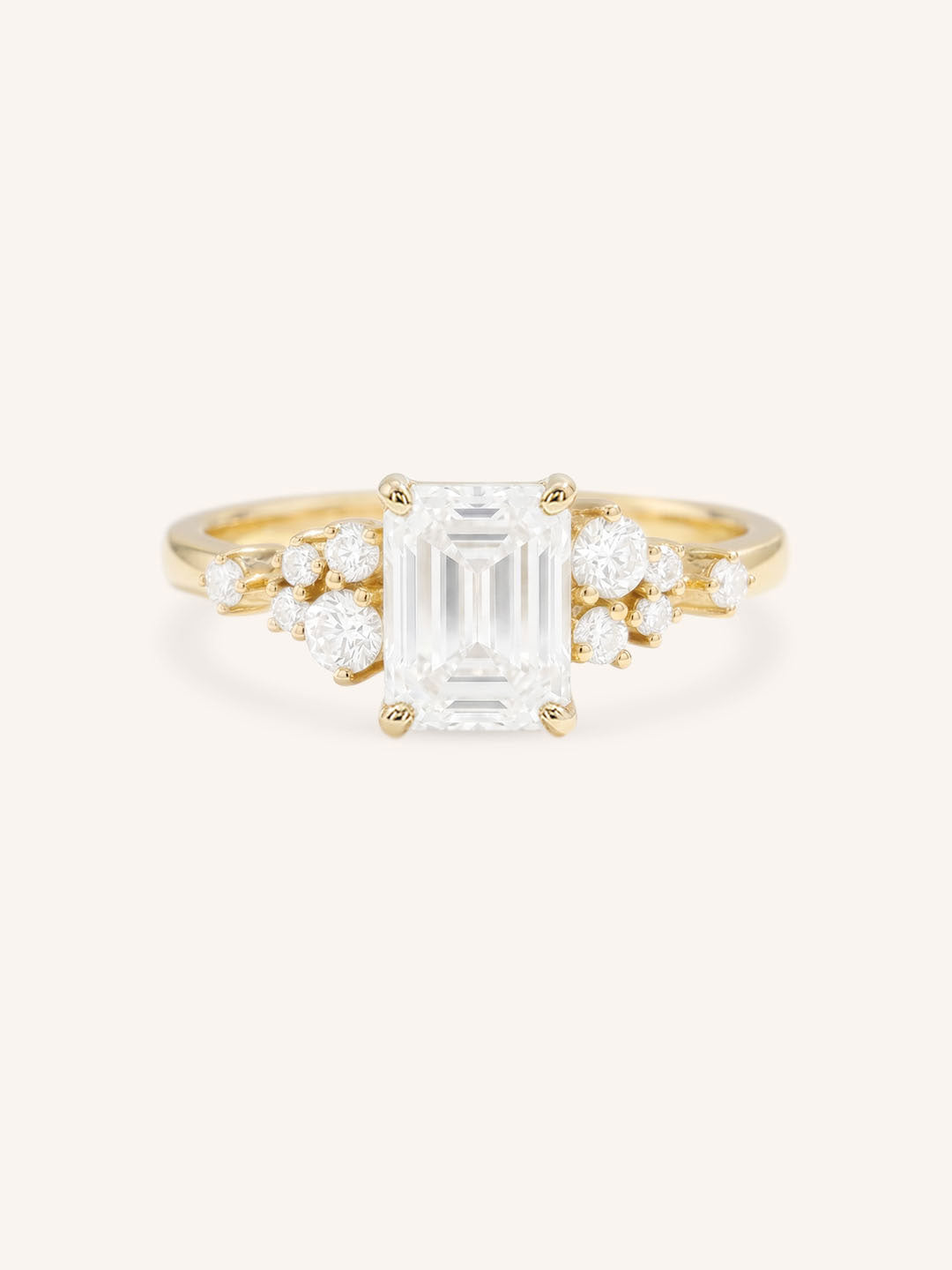 Yellow Gold Elestren Emerald Cut Cluster Diamond Engagement Ring front view on white background