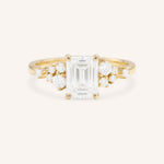 Yellow Gold Elestren Emerald Cut Cluster Diamond Engagement Ring front view on white background