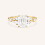 Yellow Gold Elestren Emerald Cut Cluster Diamond Engagement Ring front view on white background